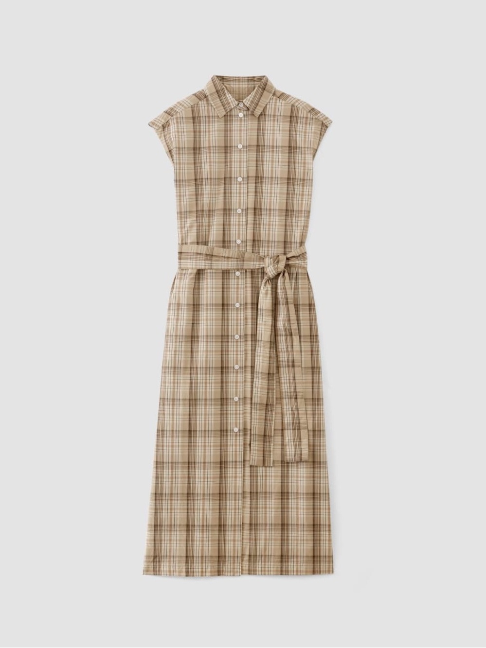 Everlane THE SUPIMA® COTTON SHORT-SLEEVE SHIRT DRESS Beige Plaid Belted US6 - Picture 2 of 7
